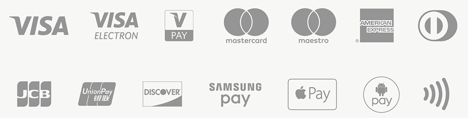 An image showing cards we accept. We accept: Visa, Visa Electron, V Pay, Mastercard, Maestro, American Express, JCB, Unionpay, Discover, Samsung Pay, Apple Pay and Android Pay.